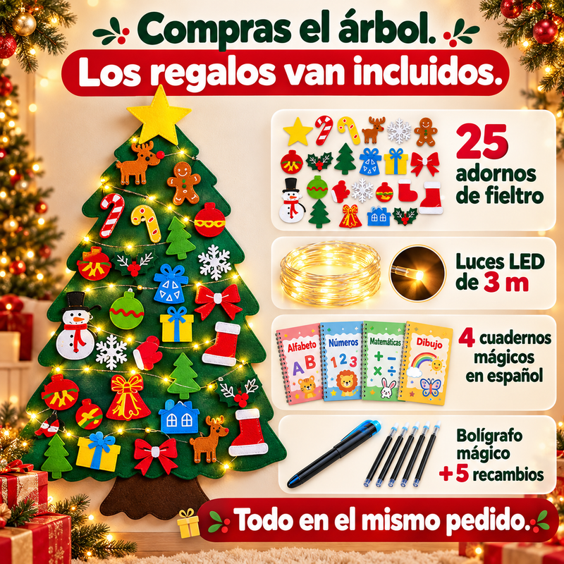 Árbol de Navidad de Fieltro 98 × 70 cm + 4 Regalos: Adornos, Luces LED, Cuadernos Montessori y Bolígrafo Mágico