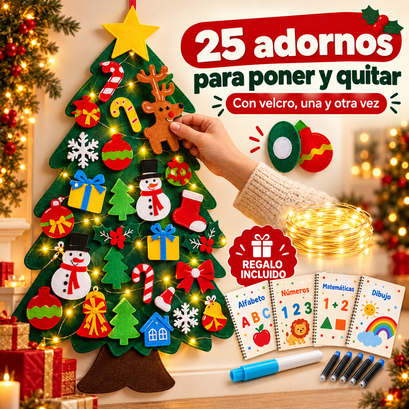 Árbol de Navidad de Fieltro 98 × 70 cm + 4 Regalos: Adornos, Luces LED, Cuadernos Montessori y Bolígrafo Mágico