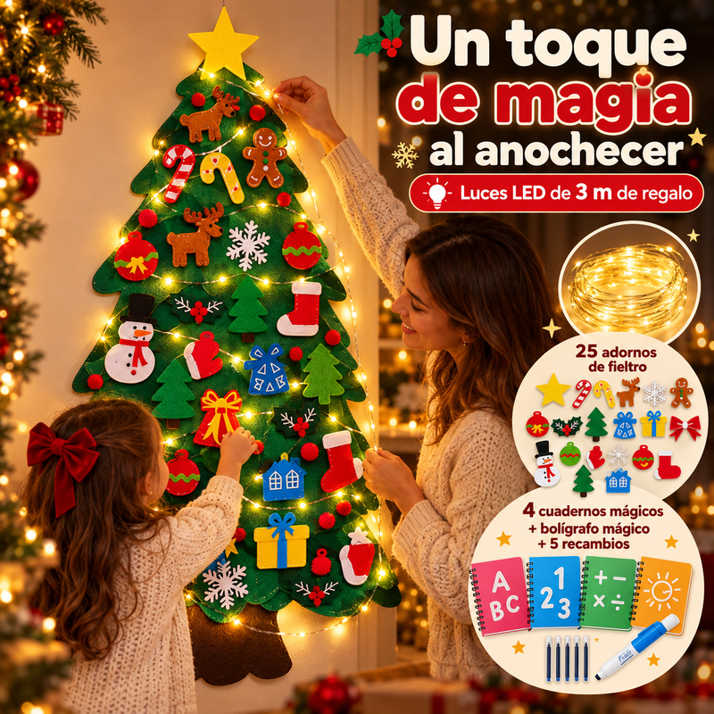 Árbol de Navidad de Fieltro 98 × 70 cm + 4 Regalos: Adornos, Luces LED, Cuadernos Montessori y Bolígrafo Mágico