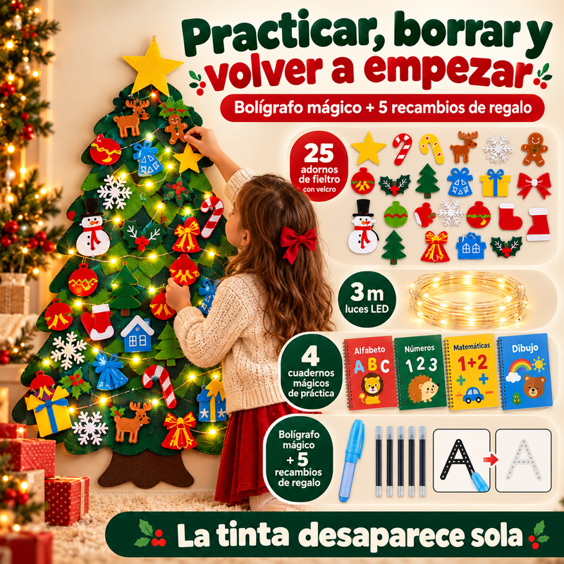 Árbol de Navidad de Fieltro 98 × 70 cm + 4 Regalos: Adornos, Luces LED, Cuadernos Montessori y Bolígrafo Mágico