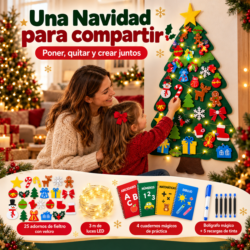 Árbol de Navidad de Fieltro 98 × 70 cm + 4 Regalos: Adornos, Luces LED, Cuadernos Montessori y Bolígrafo Mágico