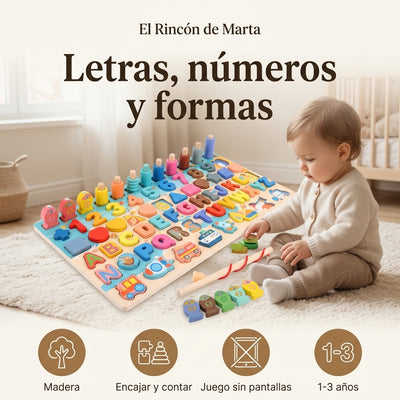 Tabla Educativa de Madera — Letras, Números y Formas para 1-3 años