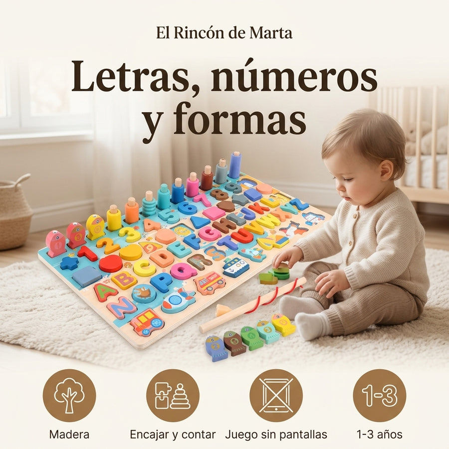 Tabla Educativa de Madera — Letras, Números y Formas