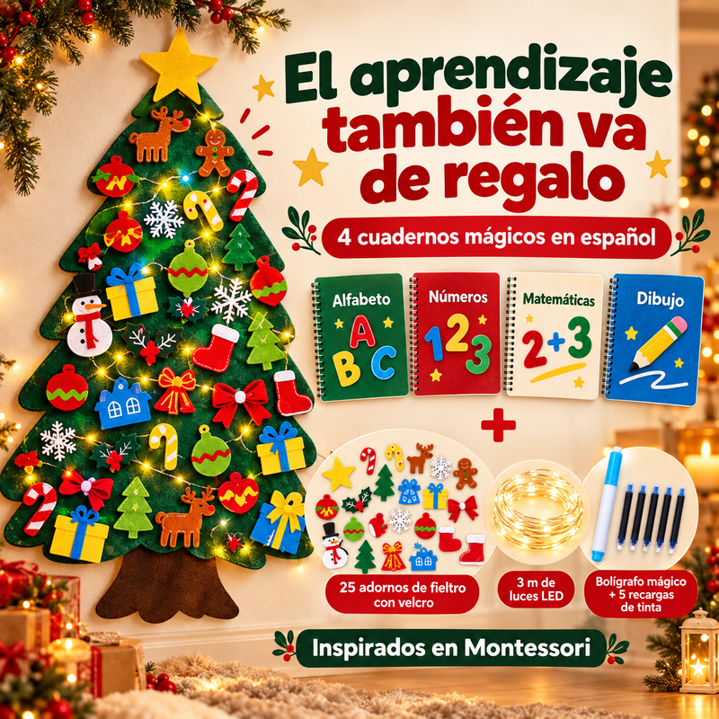 Árbol de Navidad de Fieltro 98 × 70 cm + 4 Regalos: Adornos, Luces LED, Cuadernos Montessori y Bolígrafo Mágico