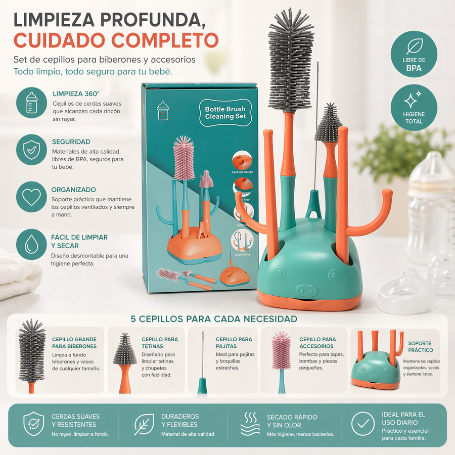 Kit Limpieza Biberones 6 piezas con Base Organizadora — Sin BPA