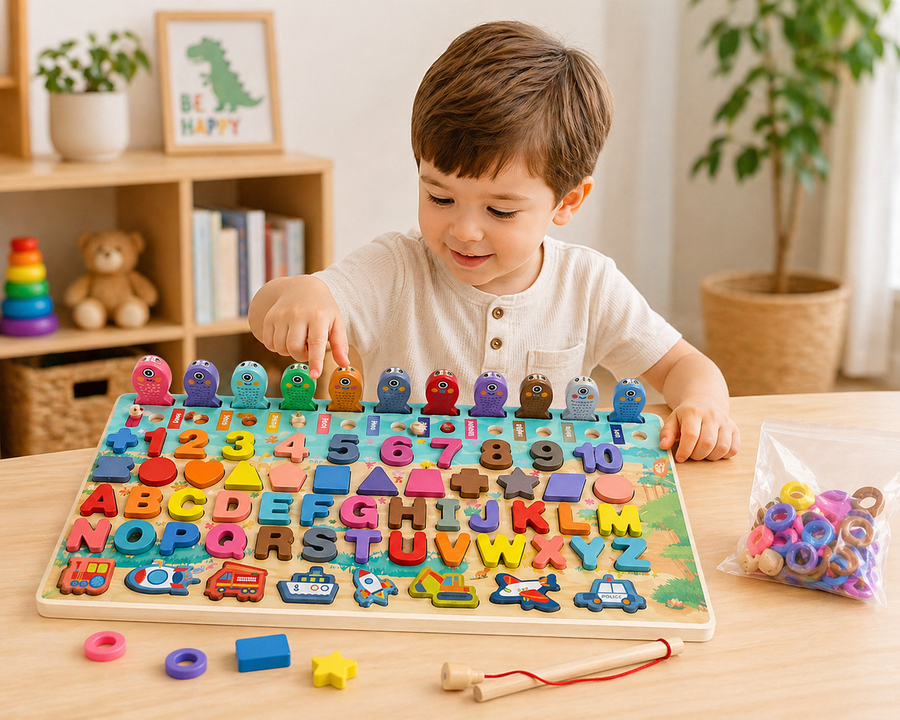 Tabla Educativa de Madera — Letras, Números y Formas para 1-3 años