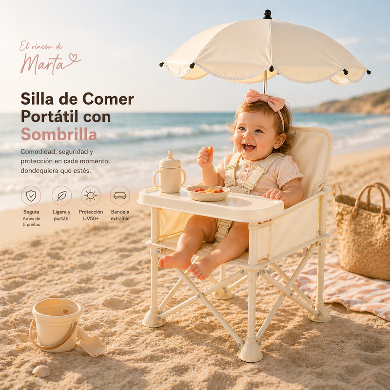 Silla de Bebé Plegable con Sombrilla y Bandeja — Beige